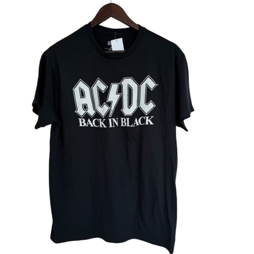 AC/DC Back In Black Solid Black with White Graphic T-shirt Medium NWT